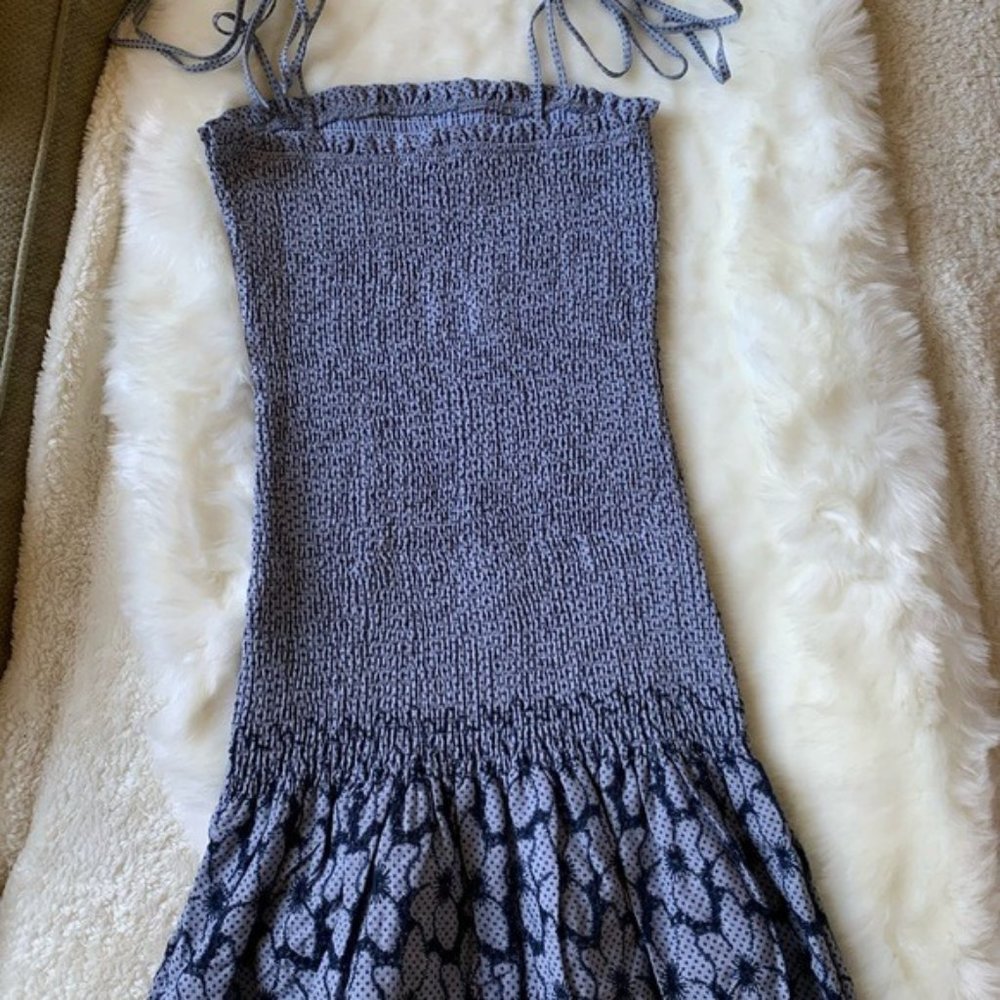 618 Smocked Polka Dot Floral Tie Strap Mini Dress